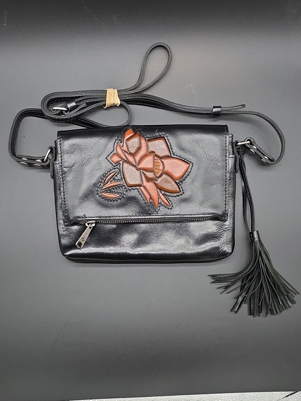 PATRICIA NASH Black Crossbody Bag with Brown Floral Applique - Women
